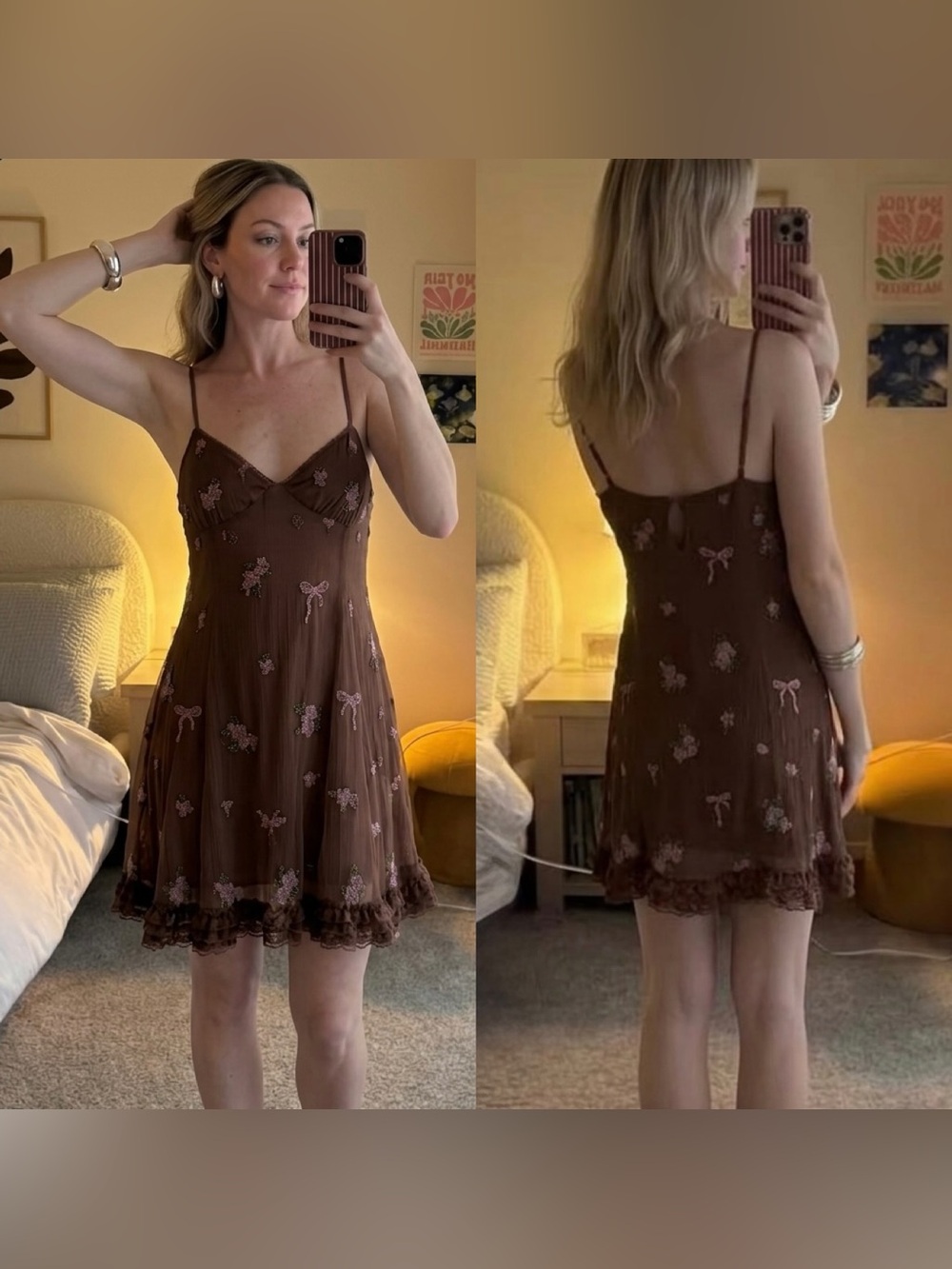 For Love & Lemons Beaded Garden Brown Mini Dress Size Small NWT - Picture 7 of 13